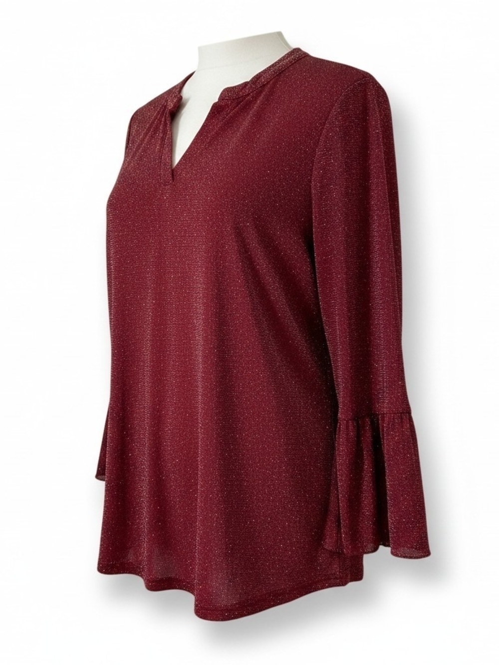 Women's Burgundy Sparkle V-Neck Bell Sleeve Blouse Plus Size XXL